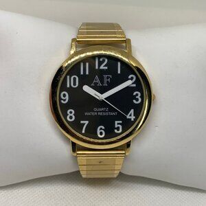 Men’s quartz gold tone analog watch 42mm round black dial easy reader running